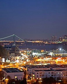 view of New York skyline at night